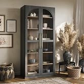 BELLEZE 67" Jagger Glass Display Cabinet - Ebony | 6-Tier,Wood Curio Cabinet,Adjustable Shelf,Trophy Showcase,Modern,Living Room Dining Room Entryway