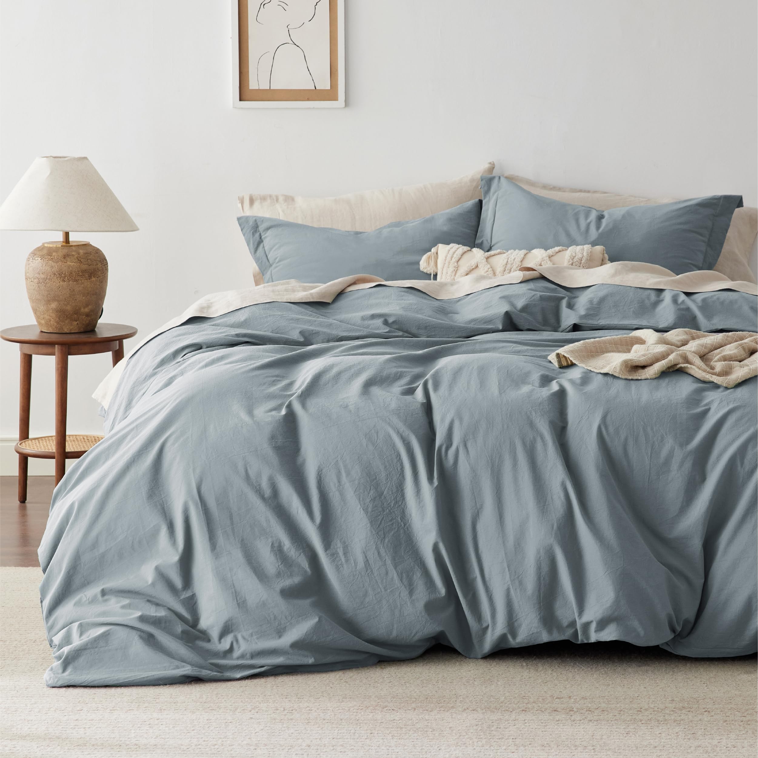 Photo 1 of Bedsure 100% Washed Cotton Duvet Cover Queen Size - Dusty Blue Minimalist Cotton Bedding Linen Like for All Seasons - GentleSoft™ Plain Simple Duvet Cover, 3 Pieces (Dusty Blue, Queen, 90"x90")
