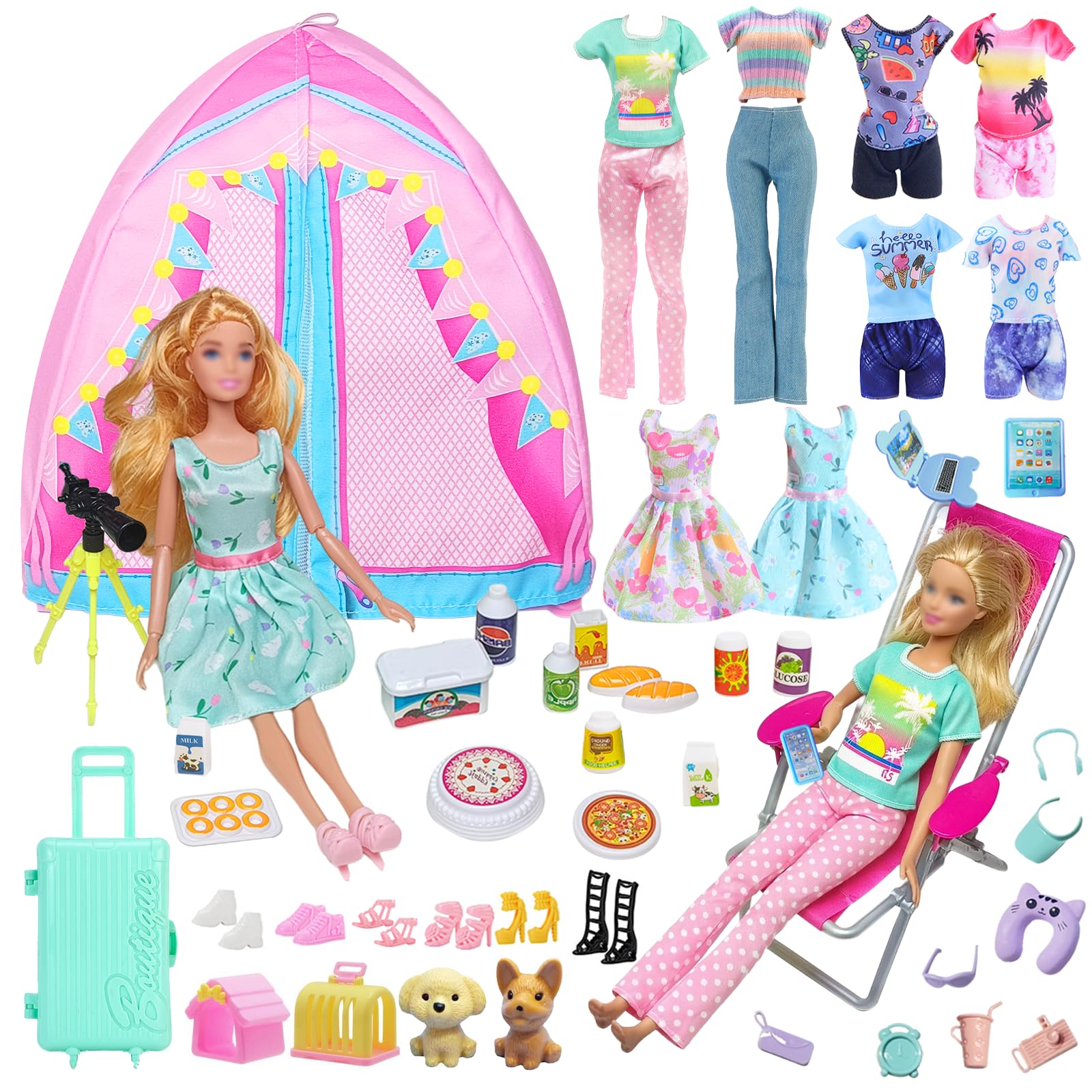 43 Doll Clothes Travel Camping Tent Compatible with Barbie, Floral Dress Leisure Top Pants Camping Chair Telescope Travel Snacks Pet Toys Accessories shoes