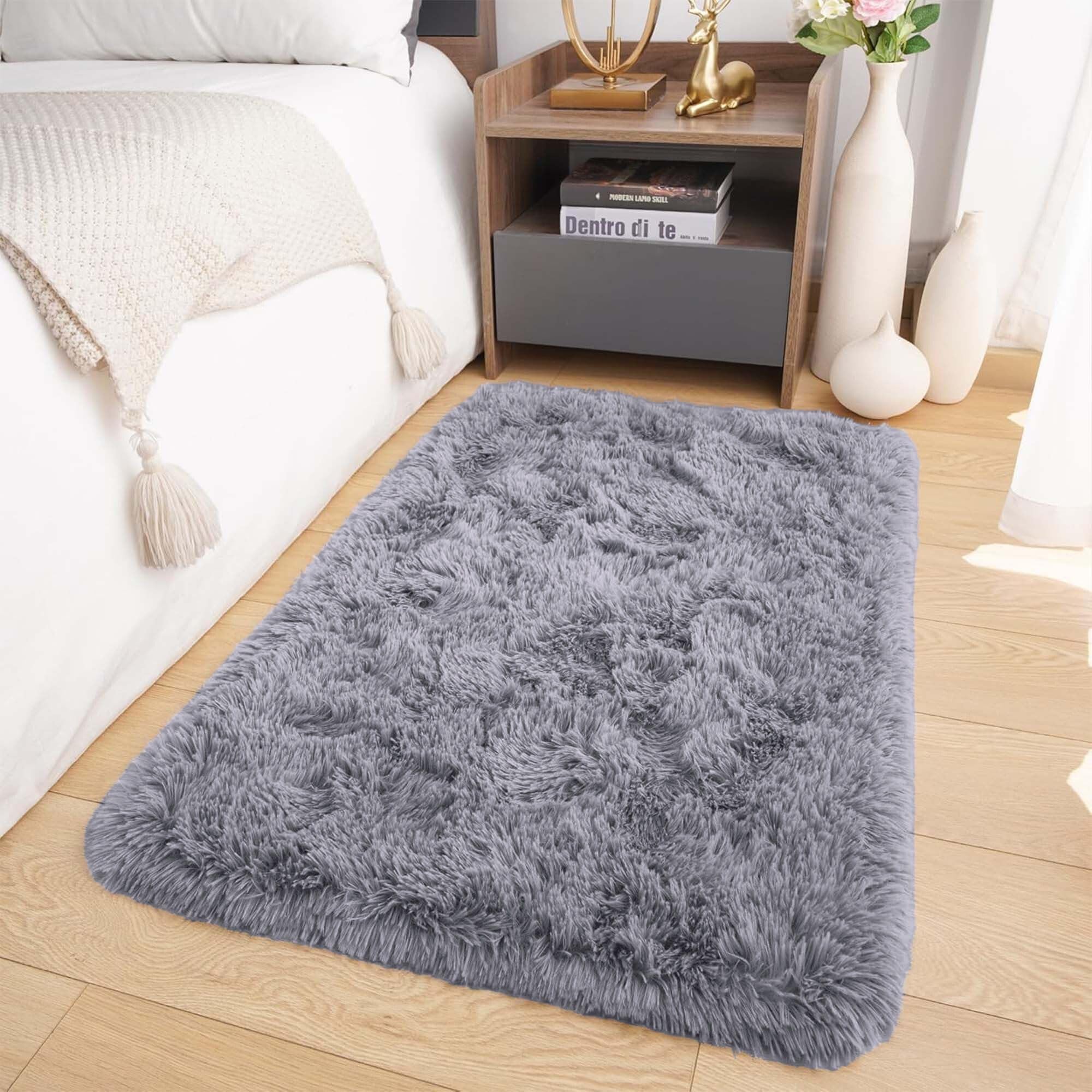 Oxford Homeware Rugs Living Room Small 50x80 cm – Fluffy Shaggy Grey Area Rugs for Bedroom, Lounge – Super Soft Non Slip Rug Washable Modern Floor Carpets Bedside Rug for Kids Room