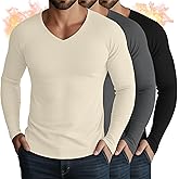 Sweetyweee 3 Pack Men's Thermal Shirts Big and Tall Fleece Lined Long Sleeve V Neck Base Layer Raglan Curved Hem Warm Tops