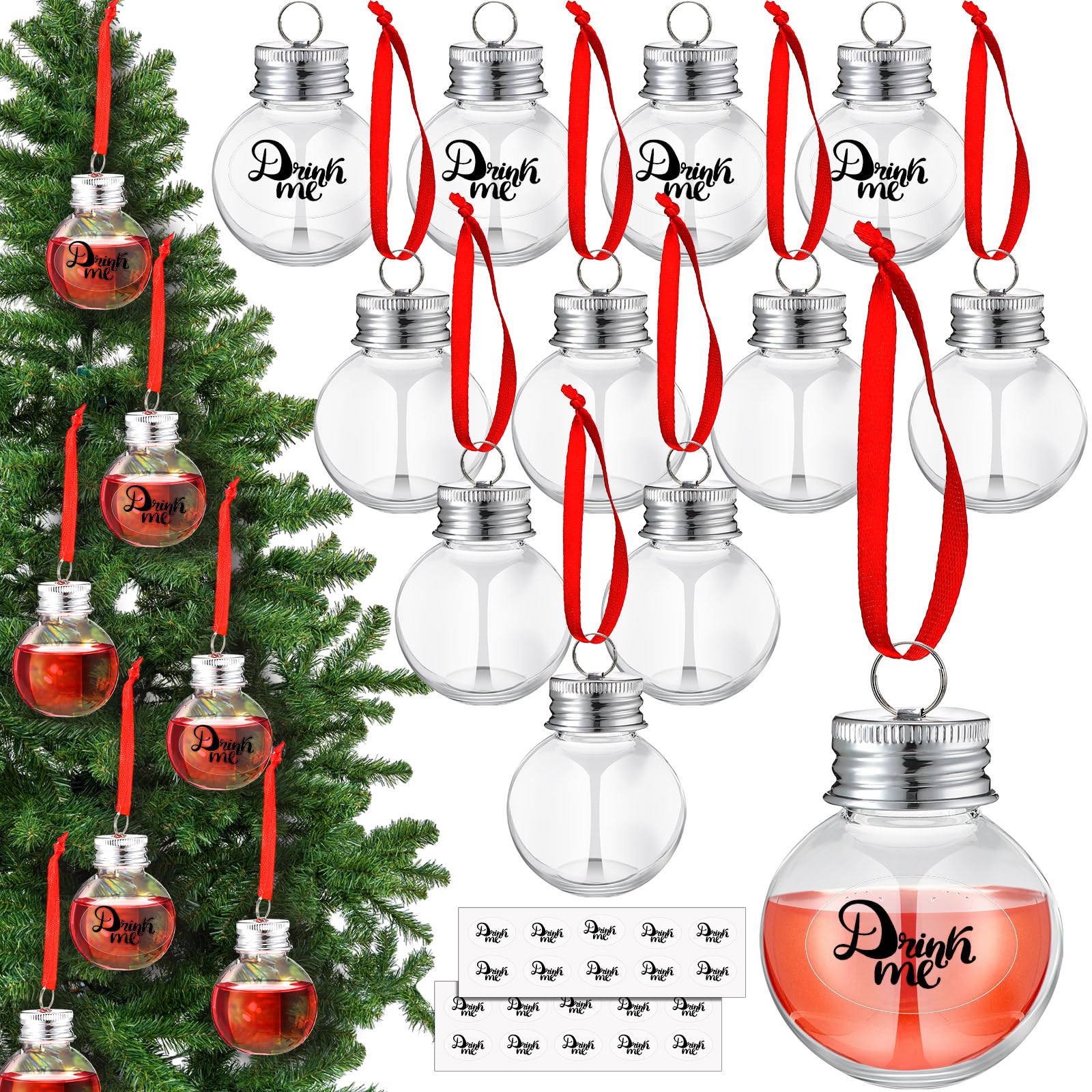 Patelai 12 Pcs Christmas Clear Drink Booze Balls Fillable Shot Glass Tree Ornament Water Bottle Bulbs Plastic Xmas Pendant Ball with Stickers for Home Party Decoration(Silver)