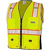 Kishigo Premium Black Series Unisex Heavy Duty Reflective Safety Vest 1513, ANSI Type R / Class 2 Compliant, 6 Pockets - Pencil and Radio Pockets, Reflective Silver Lining and Black Trim (Lime), Large