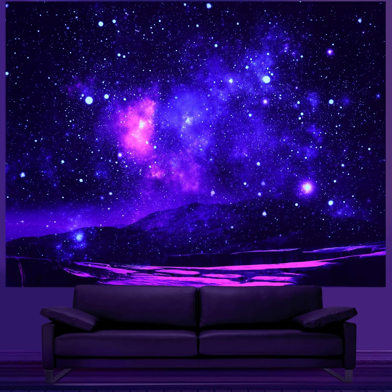 Tapestries - HoneyDec Blacklight Blue Space Wall Tapestry,Large Purple Galaxy Black Light Tapestries Backdrop Hanging Tapestrys Party Decor For Bedroom Living Room Dorm