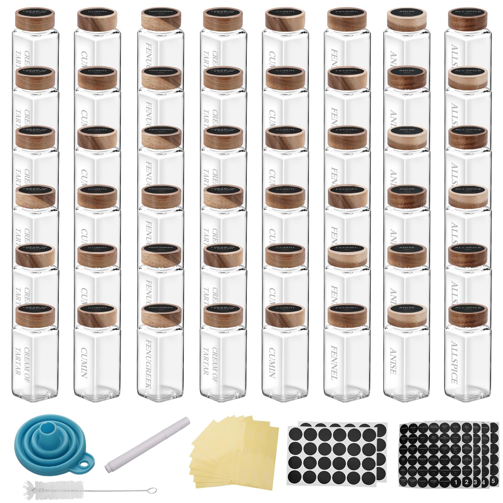 Photo 1 of 24Pcs 4 OZ Glass Spice Jars with Wooden Screw Lids, Glass Jars with Minimalist Farmhouse Spice Labels Stickers, Collapsible Funnel, Seasoning Storage Bottles for Spice Rack, Cabinet, Drawer (24)