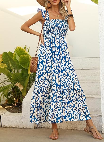 LOLONG WOMEN’S SUMMER BOHO SPAGHETTI STRAP SQUARE NECK RUFFLE SLEEVELESS PRINT CASUAL FLOWY LONG DRESS BEACH PARTY MAXI SMOCKED DRESS TRENDY