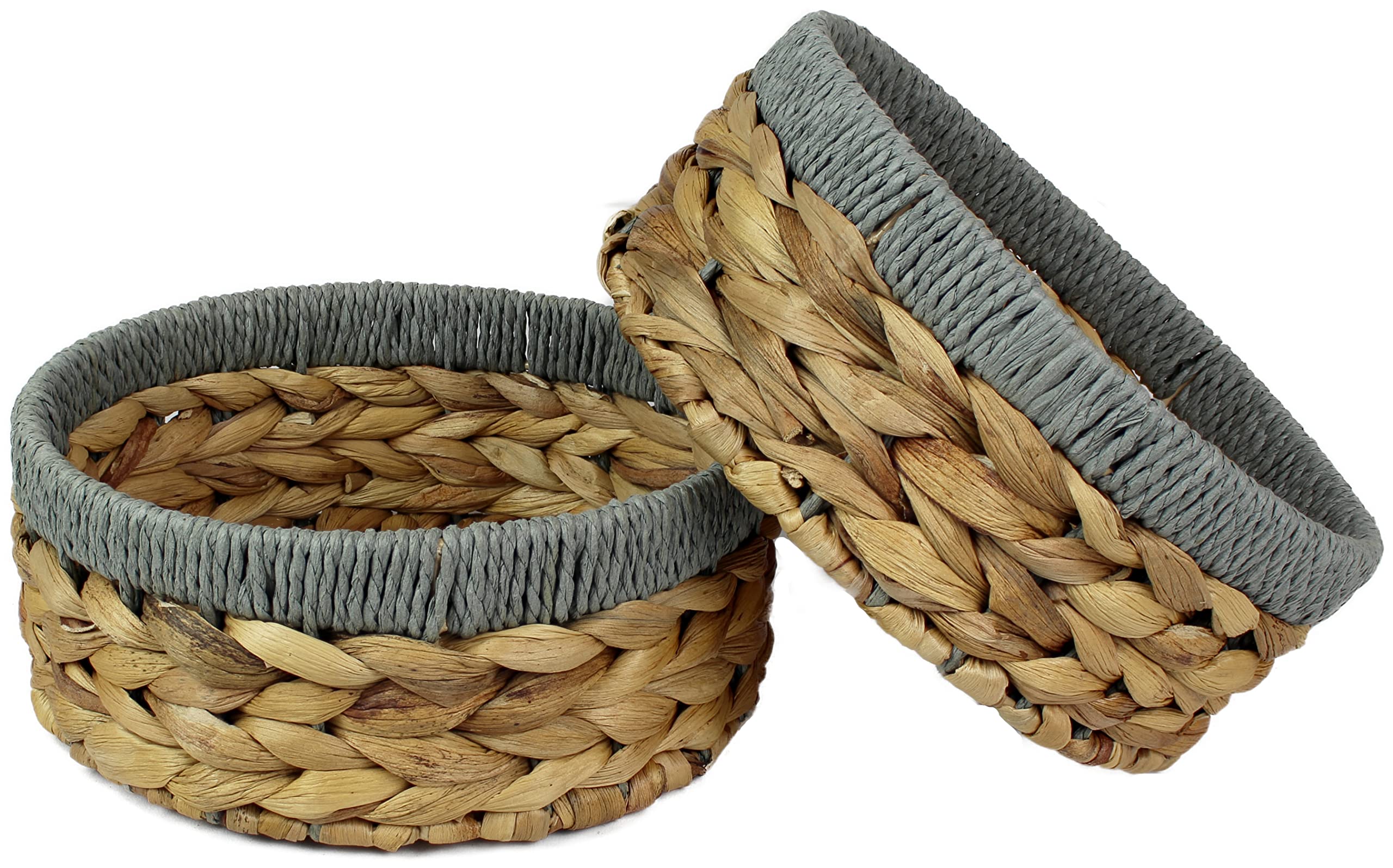 Small Water Hyacinth round baskets for storage Natural colour with grey edges shelves open. Decorative gift box Small bathroom mini tray makeup bathroom Kitchen organiser (Large 22cm, 2 X Basket)