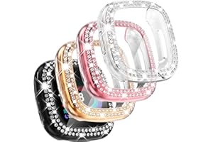CHANCHY 4 Pack Compatible with Fitbit Versa 4 Screen Protector Case, Soft TPU Full Protective Case Cover Bumper Bling Crystal Diamond Frame for Fitbit Versa 4 Smart Watch, Rose Gold/Pink/Clear/Black