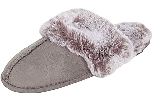 Jessica Simpson Women's Comfy Faux Fur House Slipper Scuff Memory Foam Slip on Anti-Skid Sole