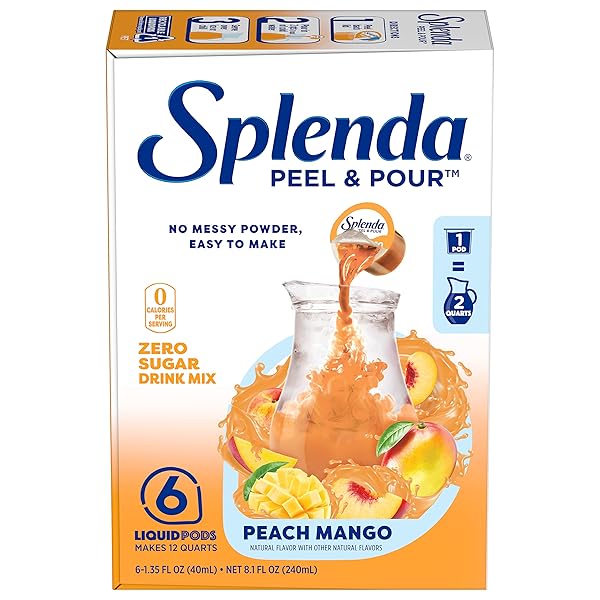 SPLENDA PEEL AND POUR ZERO CALORIE DRINK MIX, NATURALLY FLAVORED SUGAR FREE CONCENTRATE, 6 MULTI SERVE LIQUID PITCHER PODS (PEACH MANGO), PACK OF 1, 2.0 QUARTS