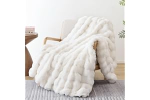 Smoofy Faux Fur Blanket Rabbit Fleece - Cream White Fluffy Blanket for Sofa, Cozy Soft Plush Throw Blanket for Couch Bed, Luxury Thick Fuzzy Couch Blanket for Winter, Comfy Bubble Blanket - 50" x 60"