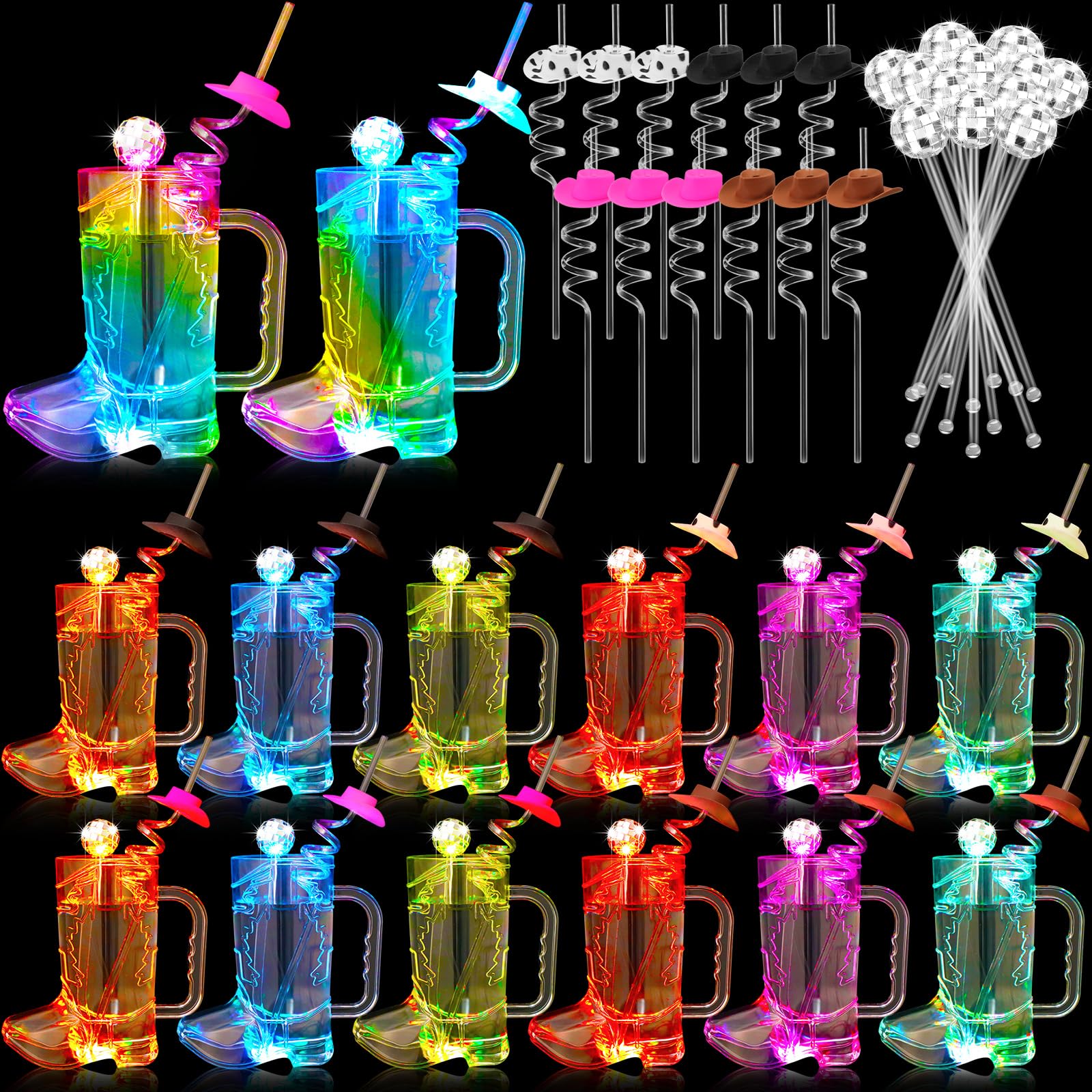 Photo 1 of Ziliny 36 Sets LED Cowboy Boot Mug Cups 17 oz including 12 Flashing Cowboy Drink Mugs 12 Hat Straws 12 Mirror Disco Ball Stirrers for Western Theme Bachelorette Birthday Party Favor (LED Colorful)