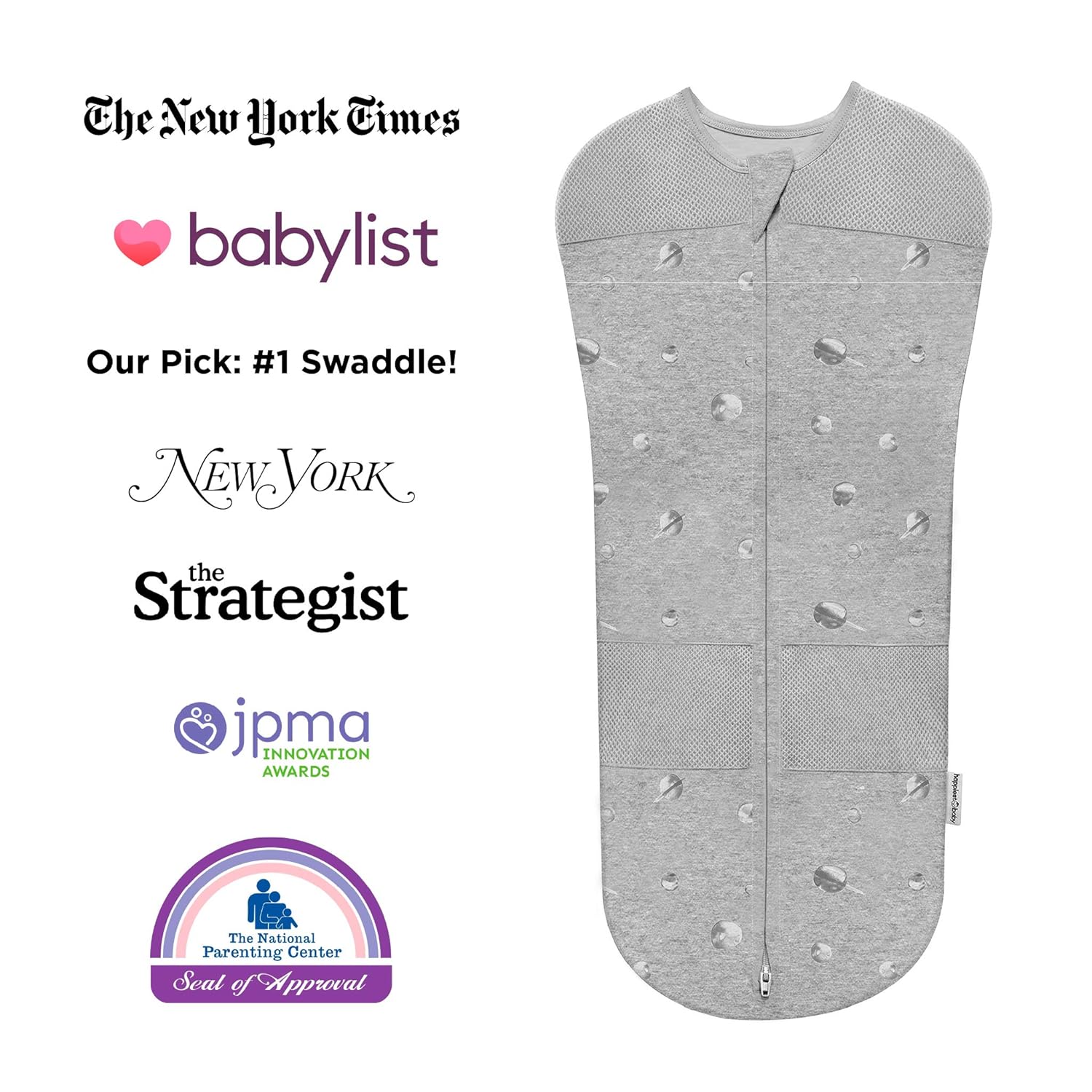 Happiest Baby Sleepea Swaddle, Doctor Designed 5-Second Swaddle, Hip Safe, for The Best Sleep, Baby Doesn’t Get Upset by Accidentally Rubbing Hands on Face (Graphite Planets, Medium)