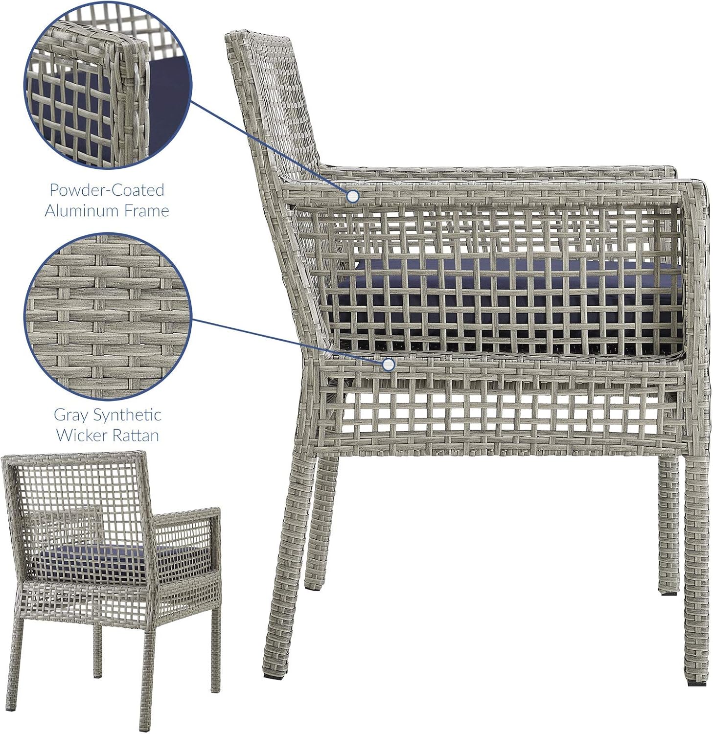 Modway Aura Wicker Rattan Outdoor Patio Dining Arm Chair with Cushion in Gray Navy : Garden & Outdoor