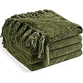 LONG CREATE Chenille Throw Blanket for Couch 50"X 60", Soft Cozy Throws with Fringe Tassel for Bed Sofa Chair Cover, Lightweight Knitted Decorative Boho Blankets for Living Room, Olive Green