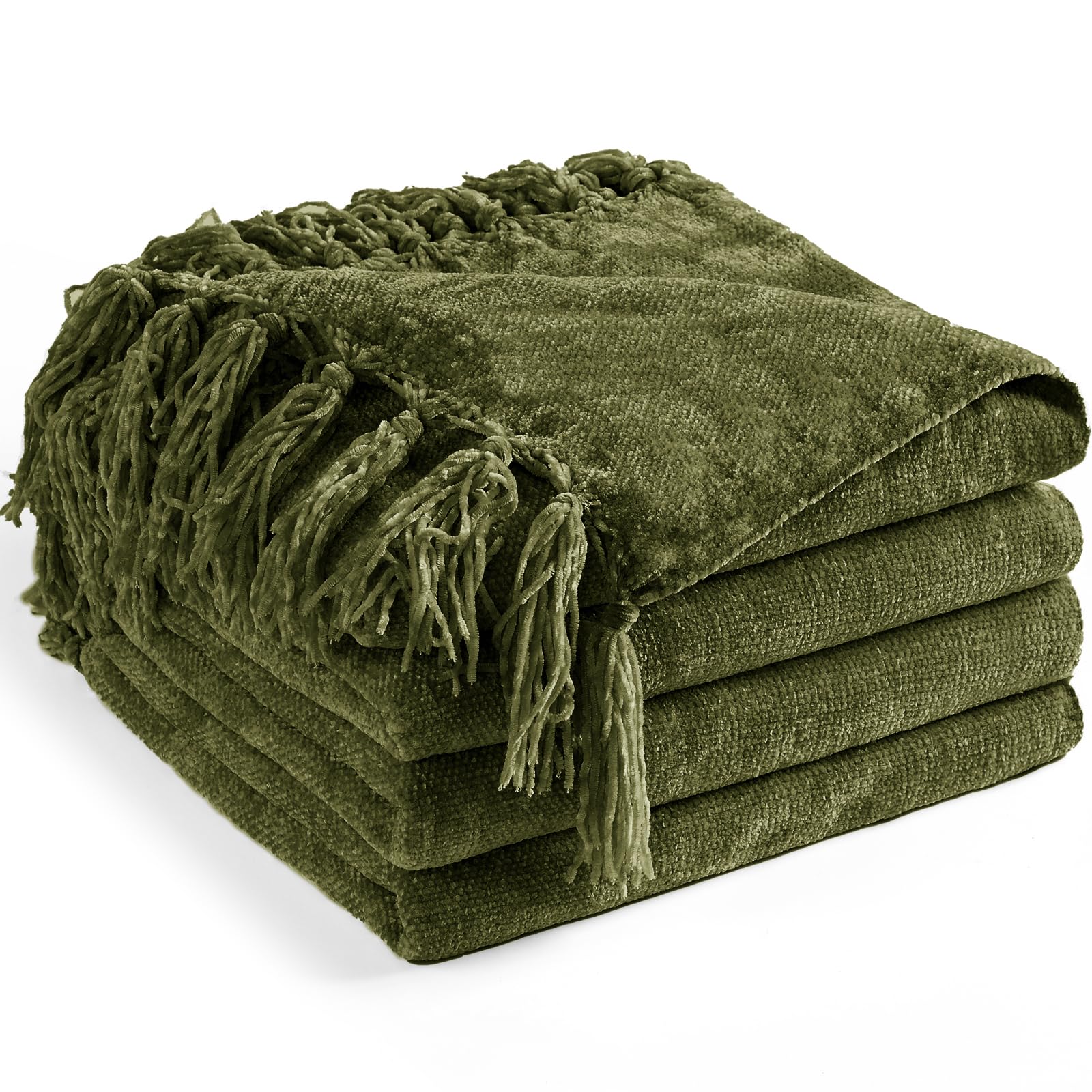 Photo 1 of ***(MINOR DAMAGE/ SEE NOTES FOR DETAILS)***LONG CREATE Chenille Throw Blanket for Couch 60"X 80" Twin, Soft Cozy Throws with Fringe Tassel for Bed Sofa Chair Cover, Lightweight Knitted Decorative Boho Blankets for Living Room, Olive Green