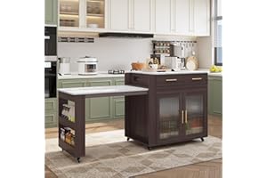HLR Kitchen Island with Extendable Dining Table, Marble Grain Countertop Island with Power Outlet, Rolling Storage Cart on Wheels with Storage Cabinet and 2 Drawers, Prep Table for Kitchen