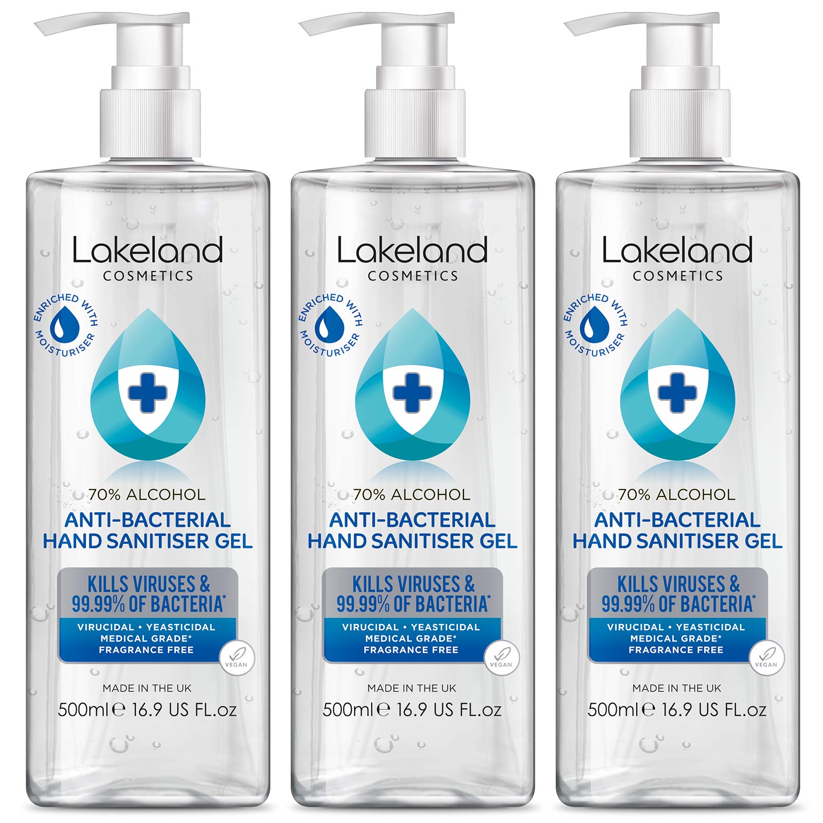 Hand Sanitiser Gel 3 x 500ml with pump bottle - 70% Alcohol Surgical/Medical Grade - Anti-Bacterial Hand Hygiene Gel Rub, sanitizer.