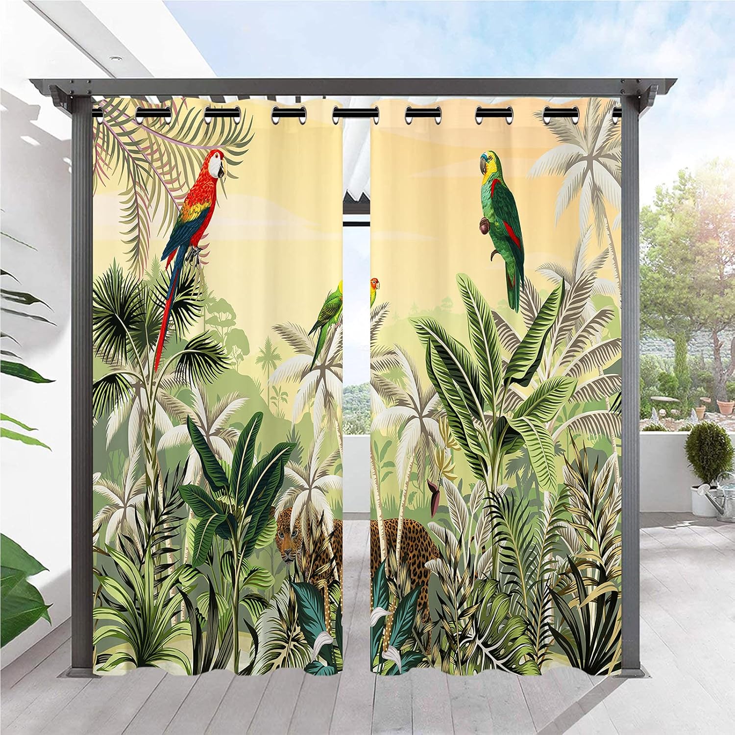 Outdoor Curtains - ANHOPE Outdoor Curtains for Patio Waterproof Grommet Top Window Drapes with Tropical Forest Plant Parrot Leopard Print Pattern Outside Privacy Curtains for Pergola Gazebo Cabana 2 Panels 36 x 84 Inch