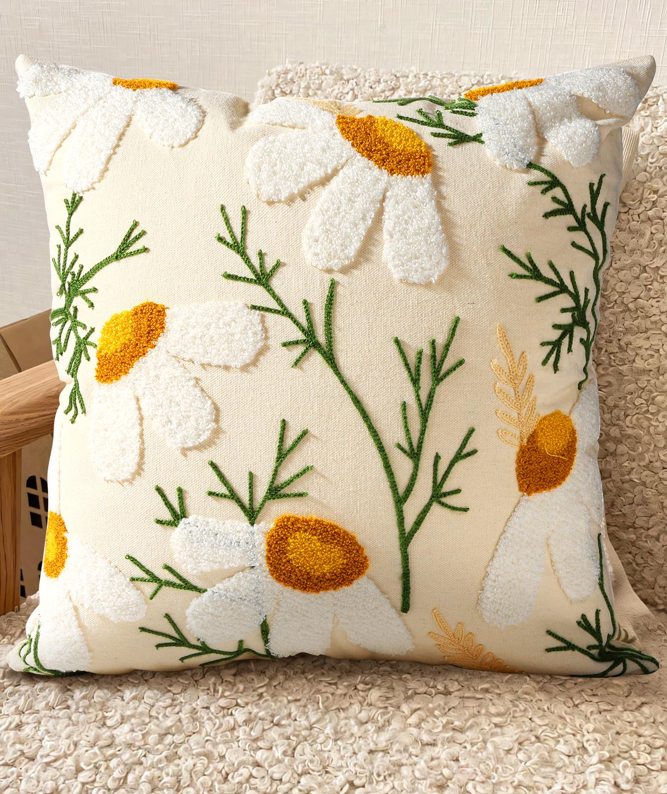Kokaaee Embroidered Throw Pillow Cover - 18x18 Decorative Pillow Cover with Zipper Aesthetic Cute Design Boho Spring Summer Cozy Throw Pillowcase for Living Room Couch Sofa Bed, White Daisy