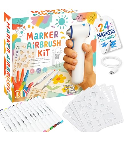 Westcott Airbrush Set pour enfants | Crayon électrique à peinture en kit de démarrage avec 12 feutres & 19 pochoirs | Airbrush Fun pour dessiner & peindre | Avec batterie & chargeur USB
