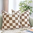 AmHoo Pack of 2 Decorative Throw Pillow Covers Checkerboard Luxury Super Soft Faux Fur Wool Set Case Cushion for Couch Sofa Bedroom 18 x 18-Inch Camel