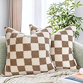 AmHoo Pack of 2 Decorative Throw Pillow Covers Checkerboard Luxury Super Soft Faux Fur Wool Set Case Cushion for Couch Sofa Bedroom 18 x 18-Inch Camel