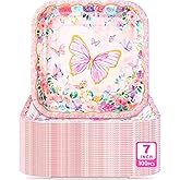 Potchen 100 Pcs Butterfly Dessert Plates Bulk 7 x 7 Inch Disposable Pink Butterfly Paper Plates Square Gold Foil Dessert Plates for Butterfly Spring Party Decor Supplies