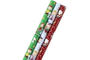 Hallmark Christmas Peanuts Wrapping Paper with Cut Lines on Reverse (Pack of 3, 105 sq. ft. ttl) Snoopy, Charlie Brown, Woodstock (5JXW1036)
