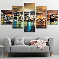 SIGNWIN Framed Canvas Wall Art Ultra Colorful View of Manhattan at Sunset, New York City Coastal Ocean Modern Art Contemporary Panoramic Relax/Calm for Living Room, Bedroom, Office-60 x32