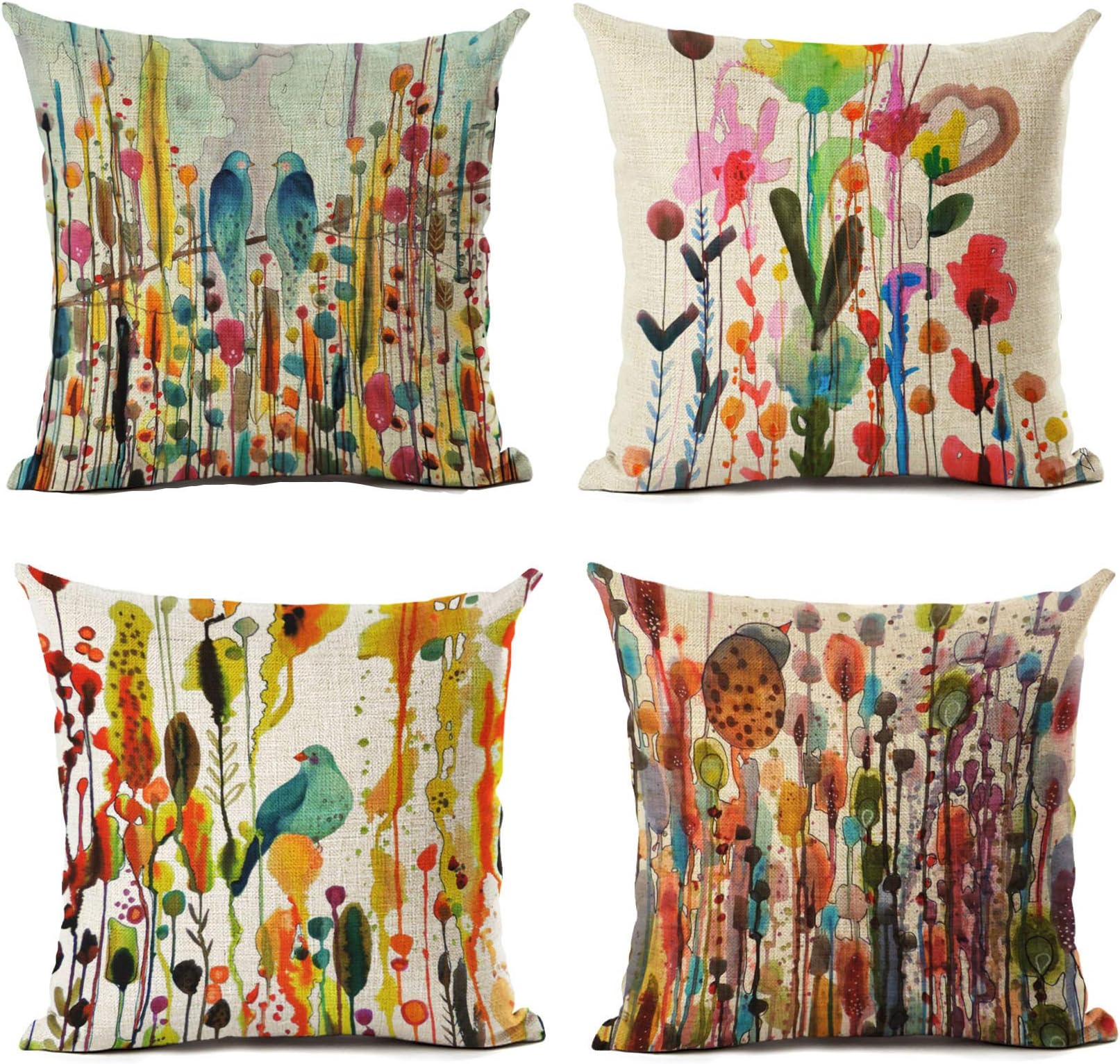 LYNKO Cushion Covers 45 x 45cm,Set of 4 Linen Pillow Covers Decorations Flower Bird Of Life Pattern for Sofa, Outdoor Garden, Bed, Couch, Car(18"x18")