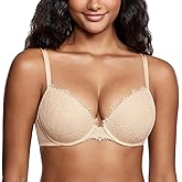 DOBREVA Women's Push Up Bra Lace Full Coverage Plunge Padded Support Underwire Bras Add 1.5 Cup
