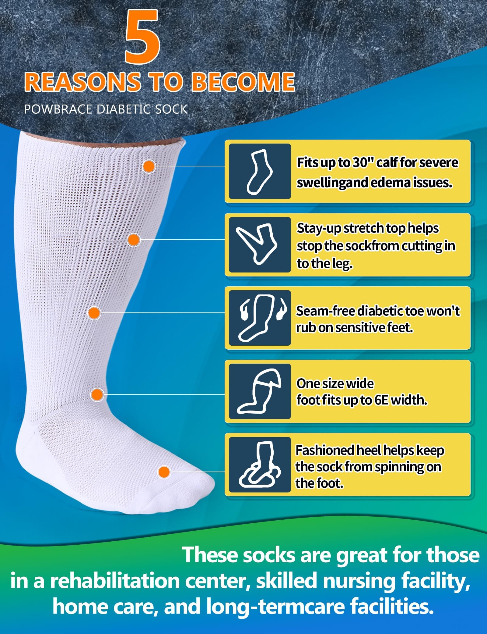 Powbrace 2 Pairs Wide Diabetic Socks for Men Women Plus Size,Lymphedema Socks,Socks for Swollen Feet and Ankles,Edema Socks,Loose Fit Socks,Non-Binding Socks,Bariatric Socks,Hospital Cast Socks-All Black