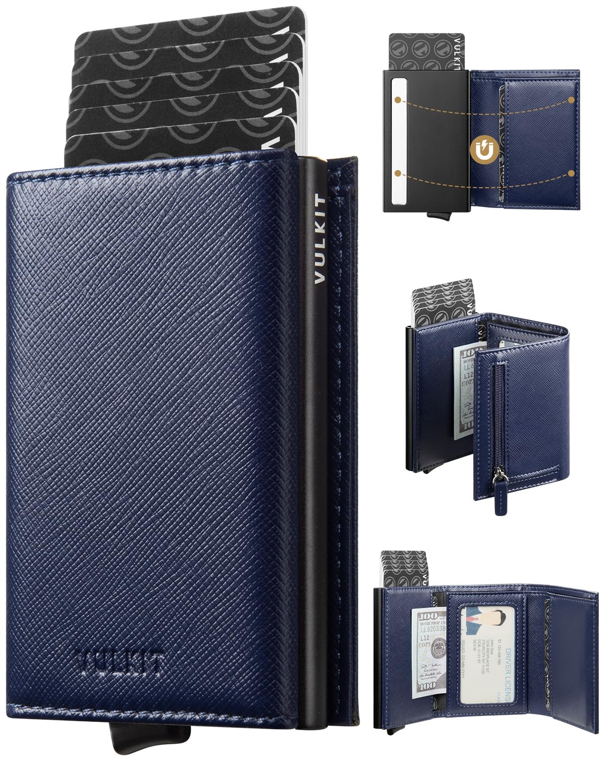 VULKIT Credit Card Holder RFID Blocking Leather Bifold Mens Wallet Automatic Pop Up with Banknote Compartment (Cross Navy)