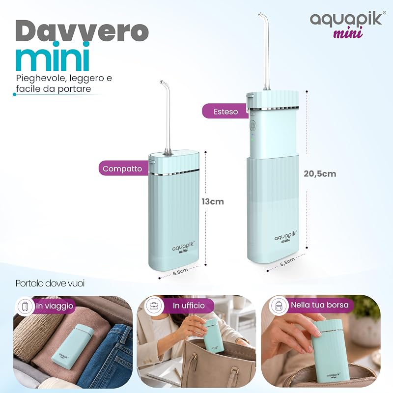 Aquapik® Mini Idropulsore Dentale Portatile 200ml USB-C 3 Modalità IPX8 Jet