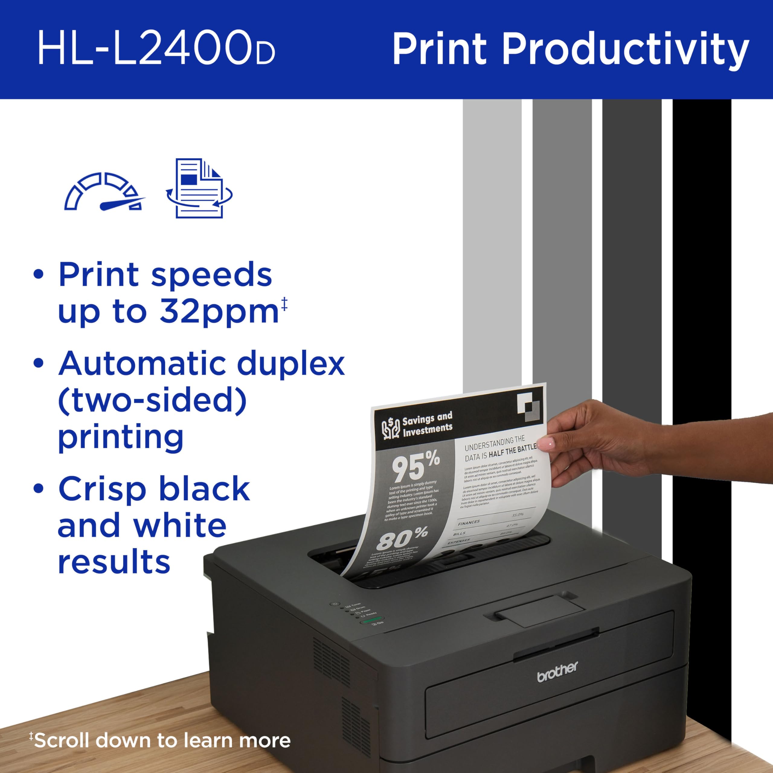 Brother Monochrome Laser Printer with 32 PPM Speed and Automatic 2-Sided Printing for Home Office, Fast Black and White Output, Compact Design with 250-Sheet Capacity (HL-L2400D)