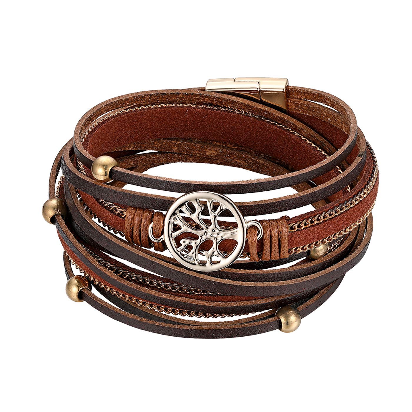JewelryWe Boho Bracelet,Multi-layer Leather Wide Cuff Wrap Bracelets with Tree of Life Charm for Men Women Girls