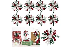 AIMUDI Curly Bows for Gift Wrapping 6.5'' Christmas Gift Bows White Green and Red Velvet Burst Bows Self Adhesive Bows for Treats Presents Crafts Christmas Party Favors, 8 PCs