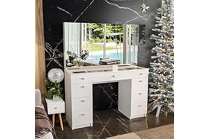 Boahaus Lily White Makeup Vanity Desk with Mirror Cabinets, Glass Top, 9 Drawers, and Crystal Ball Knobs - Modern Makeup Desk - Big Vanity - Large