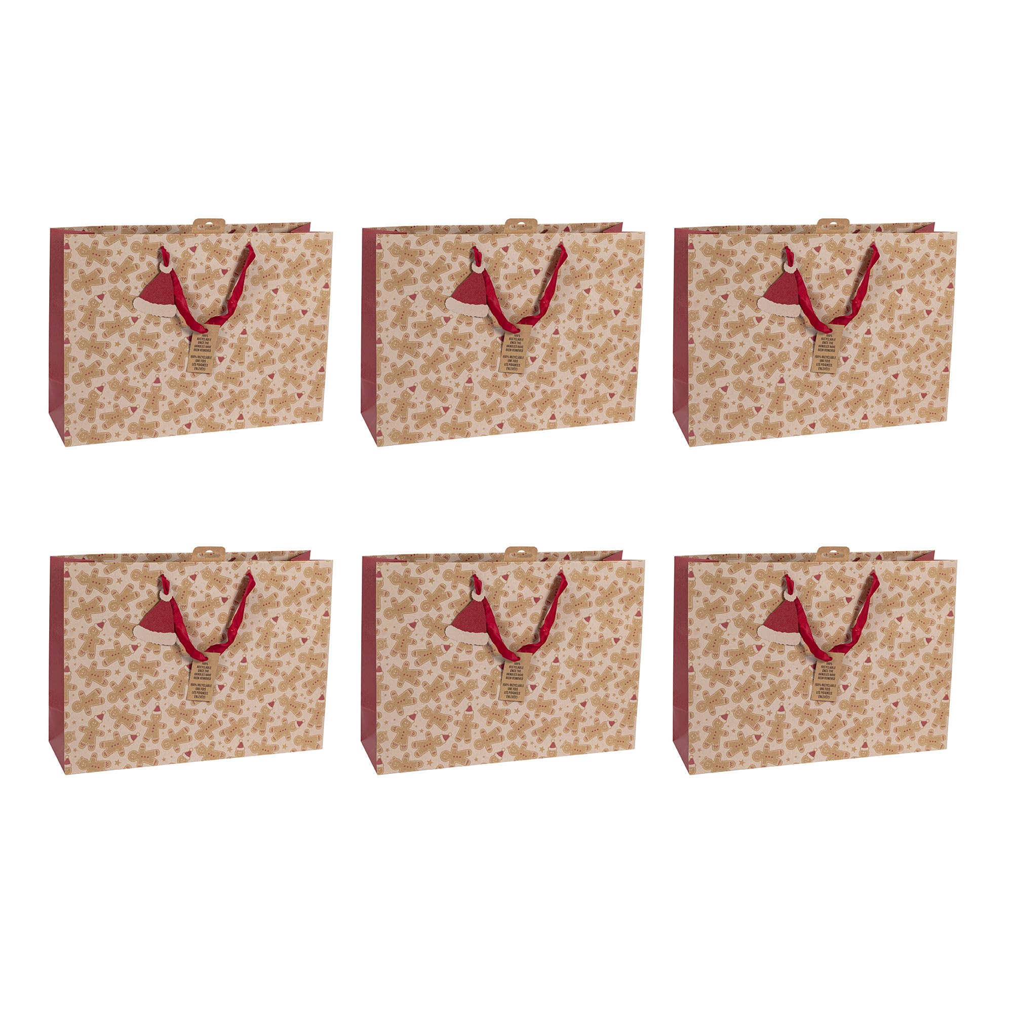 Clairefontaine X-30894-6Cpack - A Pack of 6 Kraft Gift Bags - Shopping Size - 37.3x11.8x27.5 cm - 210g - Gingerbread, White on Kraft - Ideal for Games, Puzzles