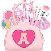 Kids Washable Makeup Kits for Little Girls - 18 Pcs Toddler Non Toxic Real Make Up Set with Lipstick - Easter Basket Stuffers for 3 4 5 6 7 8 9 10 Years Old Pink Initial Heart Purse Birthday Toys - A