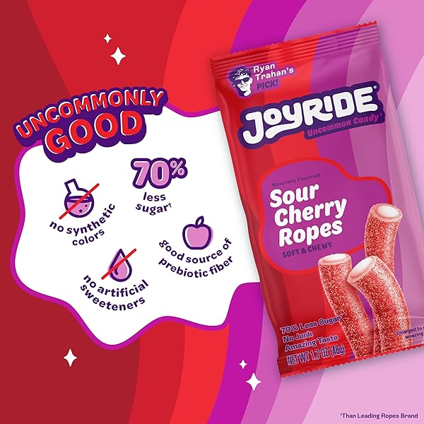 JOYRIDE SOUR CHERRY ROPES – 1.7 OZ 8-PACK, LOW SUGAR, LOW CALORIE CANDY, HEALTHY SOUR GUMMY CANDY, PLANT BASED GUMMIES (8 ITEMS)