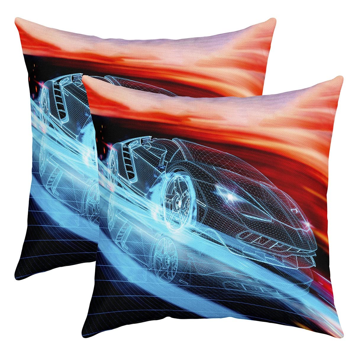 Loussiesd Set of 2 Cool Race Car Throw Pillow Covers Speed Sports Car Cushion Case for Home Living Room Decor Reversible Extreme Sports Blue Red Automobile Decorative Throw Cushion Case 18x18 Inch — image 1