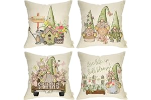 Fjfz Spring Fever Gardening Gnome Truck Decorative Throw Pillow Cover 18x18 Set of 4, Lily Flowers Bee Bird House Watering Can Home Decors, Butterfly Green Birdhouse Rustic Decoration Floral Farmhouse