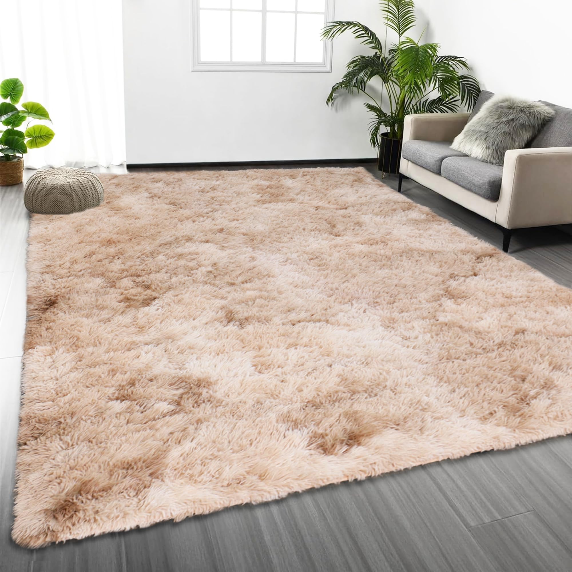 Oxford Homeware Rugs Living Room – Tie-Dye Beige Area Rugs for Bedroom, Hallway Runner 80x150 cm Anti Slip – Modern Super Soft Plush Carpets Fluffy Shaggy Rug for Lounge – Non Shedding Bedside Rug