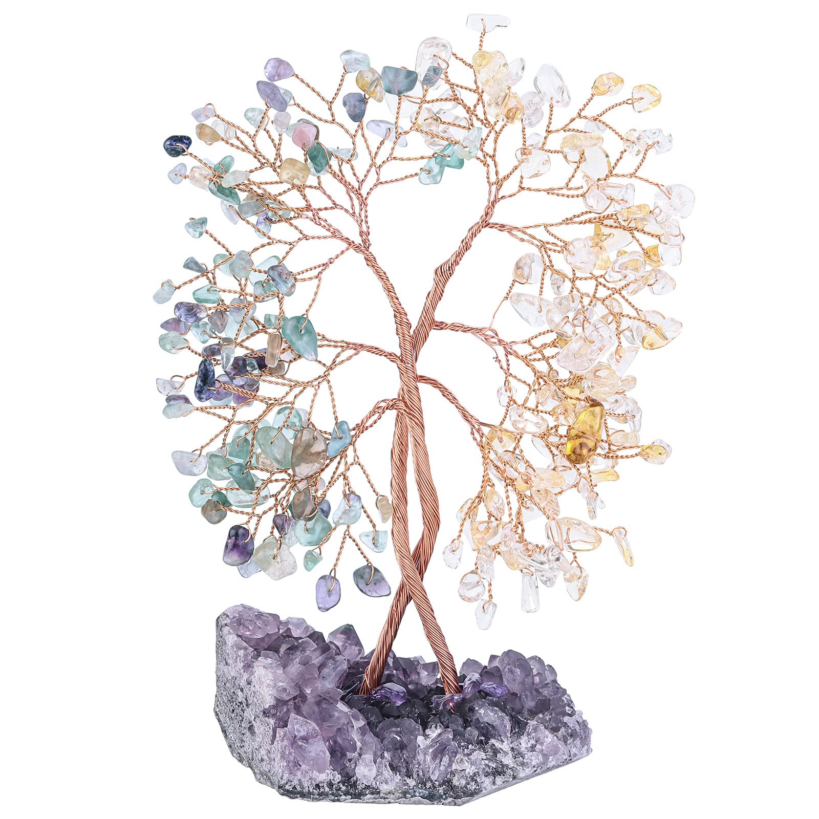 Nupuyai Citrine & Fluorite Crystal Tree with Amethyst Cluster Base, Twining Money Tree Figurines Fengshui Ornament for Home Office Wedding Decor