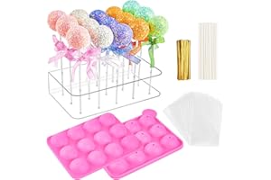 KUCOELE Cake Pop Maker Set, 15 Hole Clear Acrylic Lollipop Display Stand Holder with 12 Cavity Pink Silicone Cake Pop Mold, 50 Pcs Sticks Treats Bags and Twist Ties for Lollipop, Candy, Jelly and Chocolate