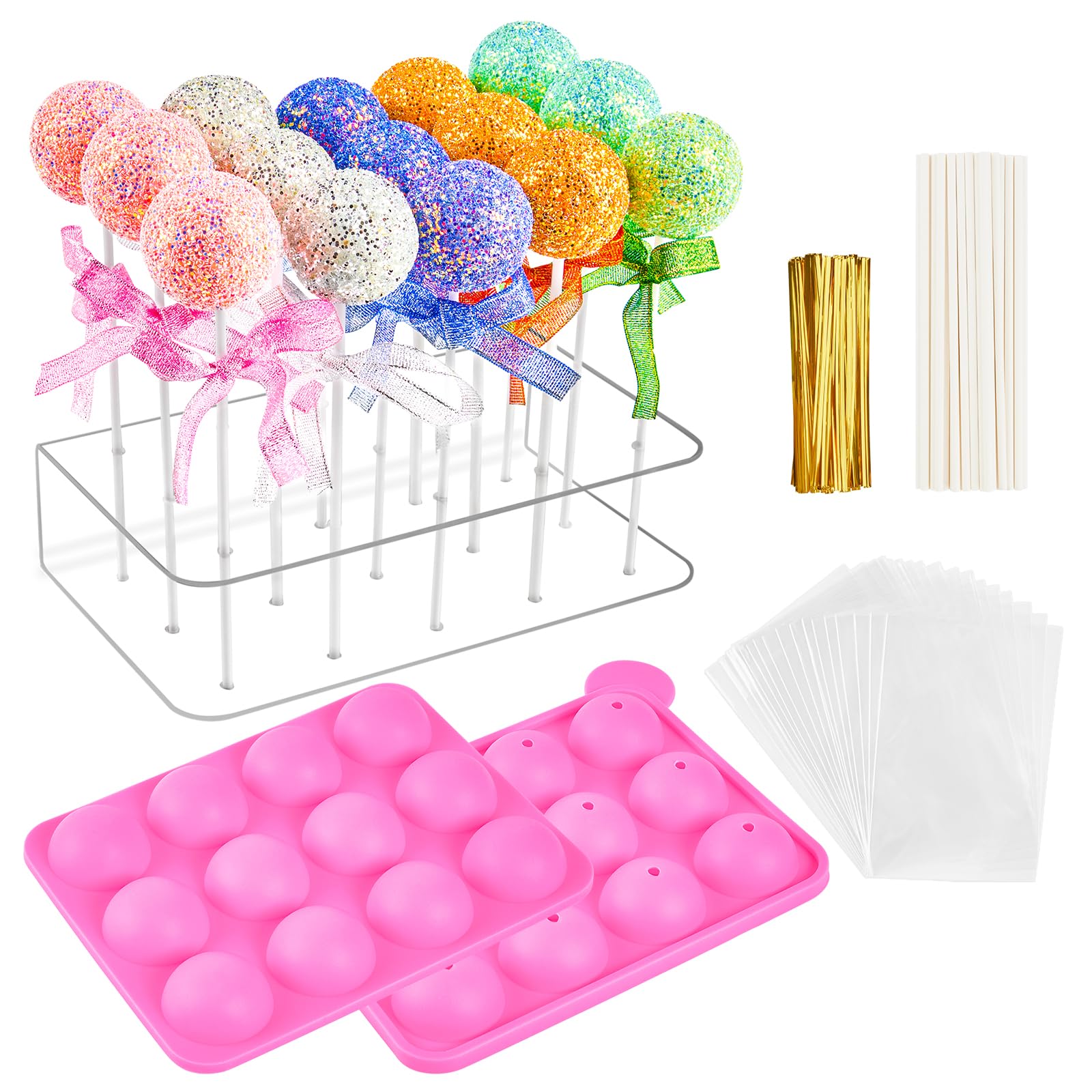 Photo 1 of Cake Pop Maker Set, 15 Hole Clear Acrylic Lollipop Display Stand Holder with 12 Cavity Pink Silicone Cake Pop Mold, 50 Pcs Sticks Treats Bags and Twist Ties for Lollipop, Candy, Jelly and Chocolate
