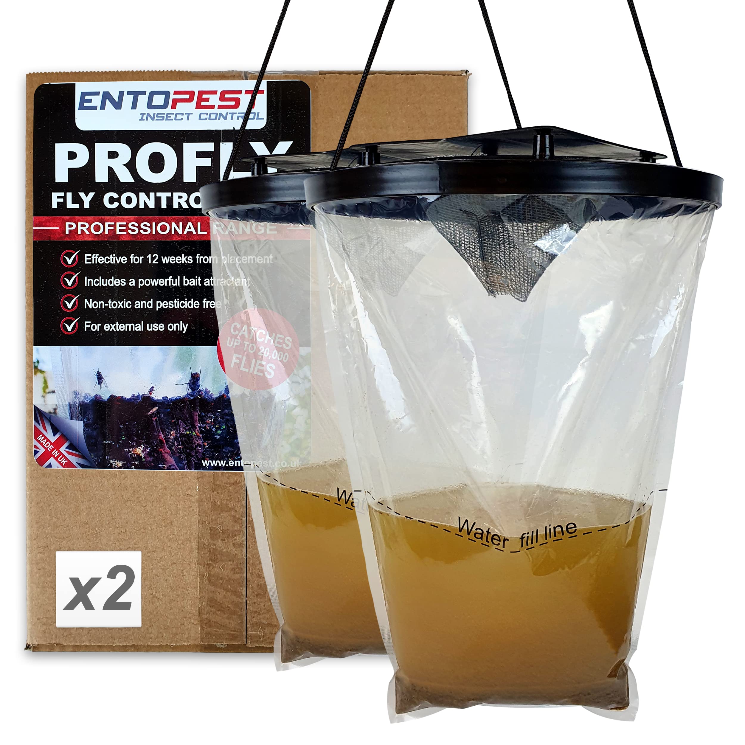 Entopest ProFly Hanging Fly Killer Bag - Professional Quality High Strength Trap Catches 20,000 Flies - Non-Toxic Control Gardens, Farms & Paddocks (Pack of 2)