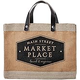 Santa Barbara Design Studio Main Street Farmers Market Tote, Reusable Burlap Grocery Bag with Leather Handle, Purse for Beach or Picnics, Food Lovers Gift Idea, 12.5 x 9.5 Inches